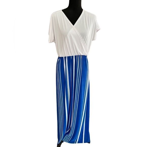 Flirty Pink faux wrap style maxi dress with blue and white striped bottom sz 1X - Picture 1 of 6